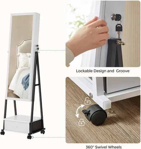Vista 4 de SONGMICS UJJC004W01 - Organizador de joyas con cerradura con espejo de longitud completa cajón inferior estante ruedas armario de joyería idea