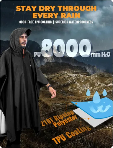 Vista 4 de ANYOO Poncho de lluvia con capucha para adultos impermeable ligero abrigo de lluvia para hombres mujeres chaqueta de lluvia reutilizable para negro
