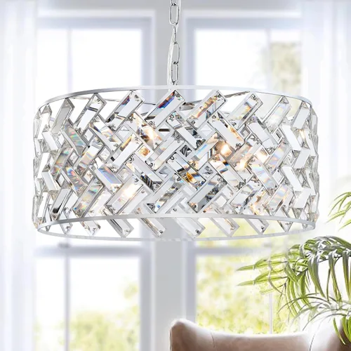 Vista 11 de CATINER - Candelabro de cristal dorado de 18 pulgadas, colgante semiempotrado de 6 luces grande dorado