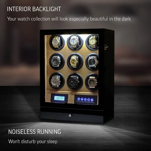 Vista 3 de Enrollador de 9 relojes con retroiluminación LED, control remoto, pantalla LCD y 2 compartimentos de almacenamiento para relojes, negro + marrón