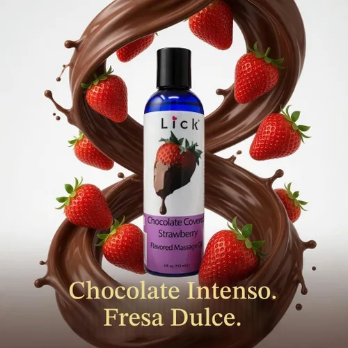 Vista 2 de Aceite de masaje de fresas cubiertas de chocolate – Aceite de masaje comestible de postre gourmet con aceite de almendras y vitamina E