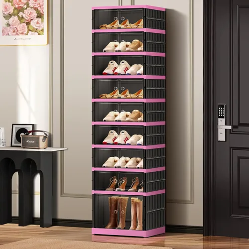 Vista 7 de CIMLORD Zapatero plegable ancho de 6 niveles con puertas para 24 pares, negro-rosa Zapatero grande plegable para 24 pares, se pliega compacto.