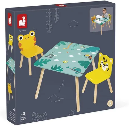 Vista 7 de Janod - Mesa Tropik de Madera y 2 Sillas - Mueble Infantil - Mesa: 21,65 x 21,65" - 1 Silla Jaguar y Rana - Pinturas a Base de Agua - 3 Años + J08273