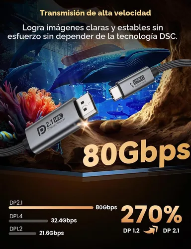 Vista 4 de Cable USB C a DisplayPort 2.1 bidireccional, video de 16K a 60Hz