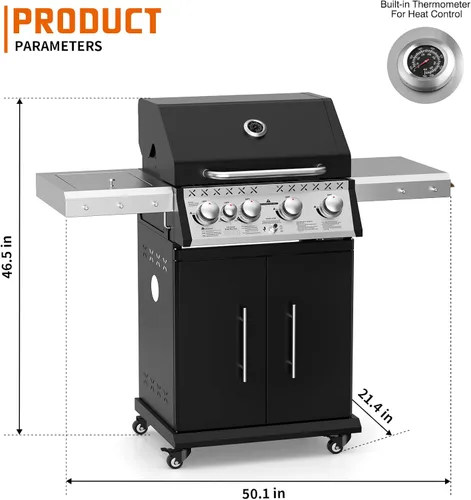 Vista 9 de SKOK Parrilla de gas propano de 4 quemadores con quemadores laterales y traseros infrarrojos, parrilla de barbacoa al aire libre con rejillas