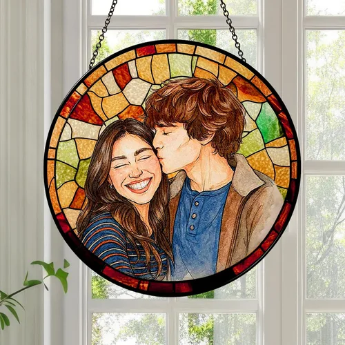 Vista 2 de Foto personalizada para parejas con vitrales de imitación para parejas, retrato de fotos para colgar en la ventana, regalo para él y él, regalo