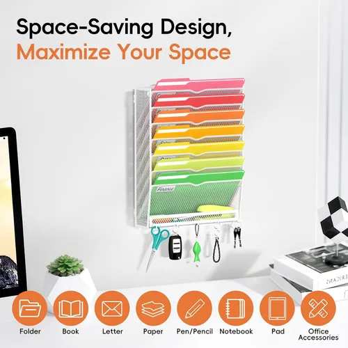 Vista 4 de Organizador de archivos de pared de 8 niveles con gancho Blanco