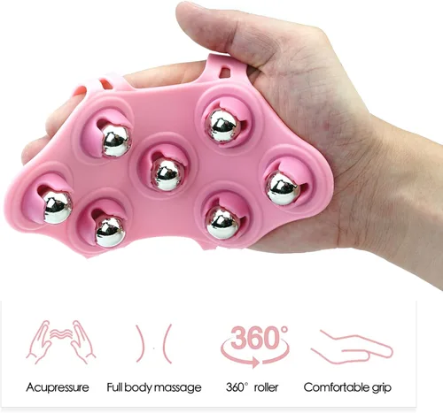 Vista 2 de Masajeador de guantes en forma de palma Manual de masaje de mano 7 Rodillo de 360 grados Bola de rodillo mental Rosa