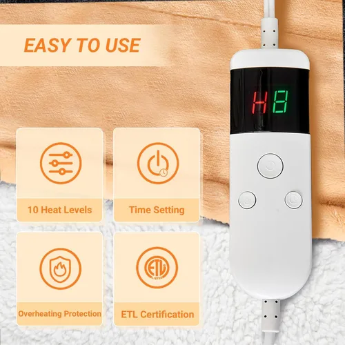Vista 3 de Electric Blanket Heated Throw, Soft Flannel 50"x60" Heating Blanket with 8 Hours Auto Off 10 Fast Heating Levels Machine Washable Sherpa Heated