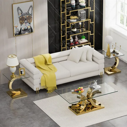 Vista 8 de Mesa auxiliar de cristal dorado de lujo, moderna mesa de centro cuadrada para sofá con base de acero inoxidable con espejo brillante, mesa de noche