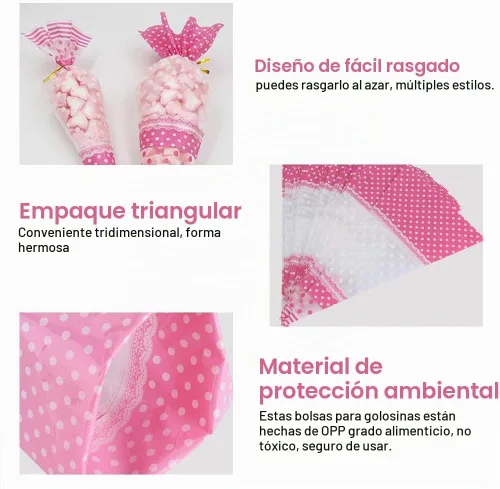 Vista 3 de FTVOGUE 50 bolsas transparentes en forma de cono para palomitas de maíz, bolsas de celofán con lazos