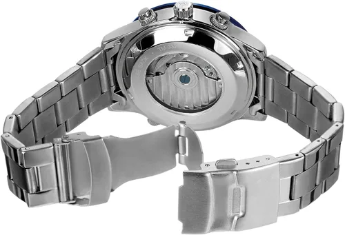 Vista 3 de FORSINING Reloj de pulsera de acero inoxidable con calendario original Tourbillion automático para hombre, Azul y plateado, Automático de bobinado