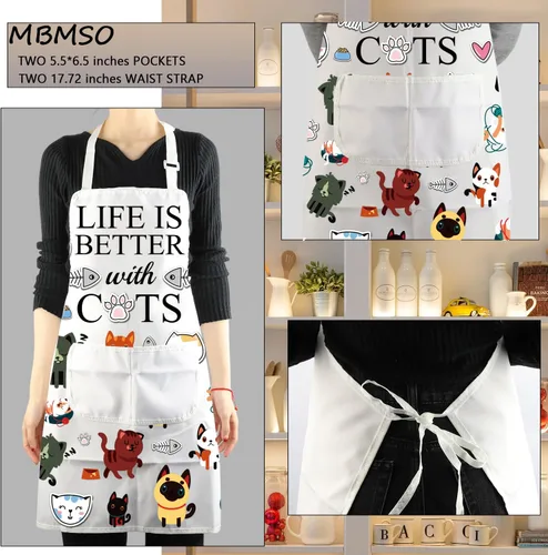 Vista 3 de MBMSO Delantal para gatos con bolsillos, delantal de cocina para gatos, divertido delantal de cocina para gatos, regalo para amantes de los gatos