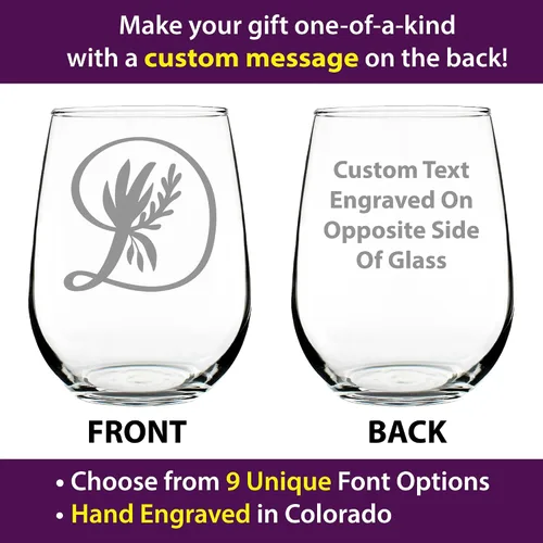 Vista 2 de Custom Monogram Floral Letter D - Personalized Stemless Wine Glass - Personalized Gifts for Women and Men - Large Engraved 17 Oz Glasses
