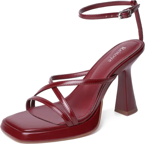 Vista 9 de Reitoye Tacones de tiras para mujer, con plataforma, tacones altos y gruesos, sandalias de tacón cuadrado con puntera abierta, correa de tobillo