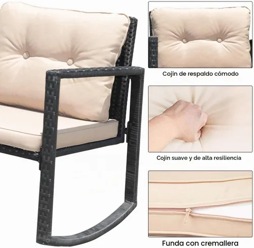 Vista 7 de Tangkula Juego de 3 mecedoras de mimbre para patio, mecedoras al aire libre y mesa con cojines, mesa de centro de cristal con estante de Beige