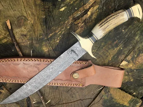 Vista 3 de Perkin Cuchillo de caza hecho a mano de acero Damasco - Cuchillo de caza Beautifu con funda