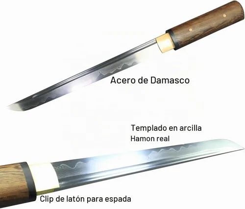 Vista 4 de Tanto Japonés Hecho a Mano de Acero Damasco Templado en Arcilla Espada Katana Corta Afilada de 20 Pulgadas