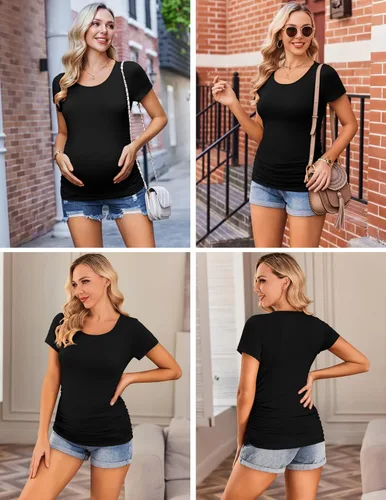 Vista 4 de Ekouaer Camisas de maternidad para mujer, paquete de 3 unidades, camiseta de embarazo fruncida lateral, blusa tipo túnica, casual, ropa para mamá
