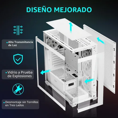Vista 2 de darkFlash Carcasa ATX de media torre para PC, preinstala 4 ventiladores PWM ARGB, carcasa de computadora para juegos de vidrio templado doble Blanco