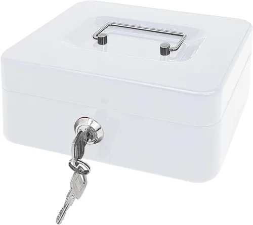Vista 9 de Caja de efectivo de acero con cerradura de llave, organizador de dinero pequeño de metal con bandeja para dinero, caja de almacenamiento de efectivo