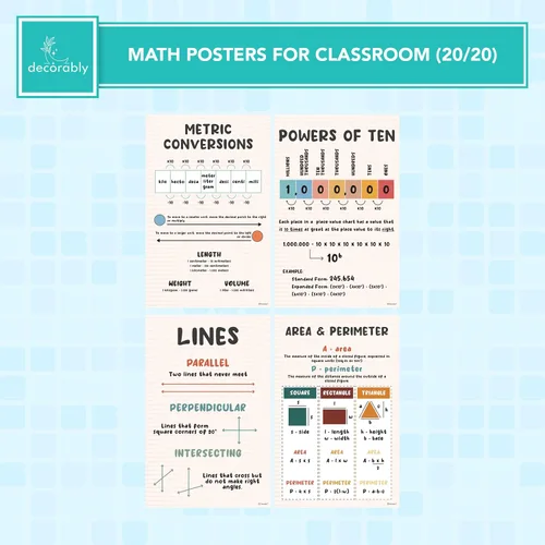 Vista 5 de Decorably 16 carteles educativos de matemáticas para escuela secundaria, primaria 11x14in Matte-Laminated Classroom Decor for Boys and Girls