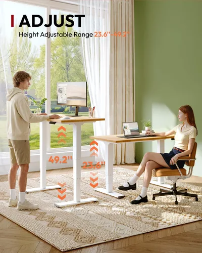 Vista 5 de SANODESK Escritorio de pie de madera maciza de caucho con motor dual 48"x24 Mesa natural + marco blanco