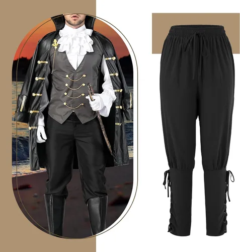 Vista 4 de Pantalones piratas para hombre, con banda de tobillo, pantalones renacentistas medievales, vikingos, pantalones de navegador, disfraz de Halloween