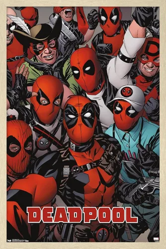 Vista 7 de Marvel Comics Deadpool - Póster de pared con caras, 22.4 pulgadas de largo x 14.7 pulgadas de ancho, versión enmarcada de madera de granero