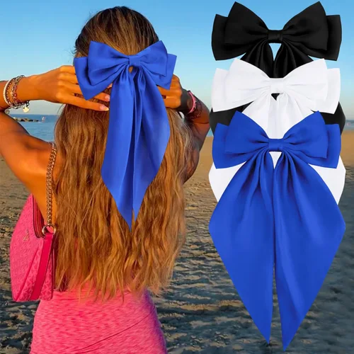Vista 11 de Velscrun Lazos para el cabello para mujeres y niñas, 3 unidades, lazo blanco, lazo negro, azul marino, lazos grandes para el cabello con clip, lazos