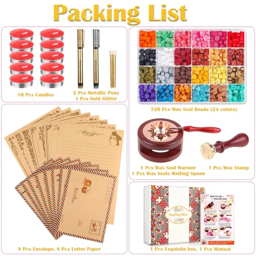 Vista 5 de Anezus Kit de sellado de 754 piezas con cuentas de cera, sello, calentador, sobres vintage, bolígrafo metálico para sellado de cartas, invitaciones