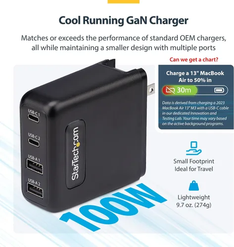 Vista 3 de StarTech - Cargador de pared USB-C GaN de 100 W, adaptador de corriente para MacBook Pro/Air Dell XPS, iPhone 15/Pro, iPad Pro, 2x USB-C/2x USB-A