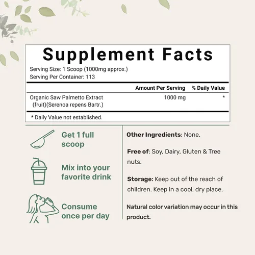 Vista 2 de Saw Palmetto en polvo orgánico cultivado en Estados Unidos, 4 onzas, con ácido graso activo, suplemento para el crecimiento del cabello y próstata