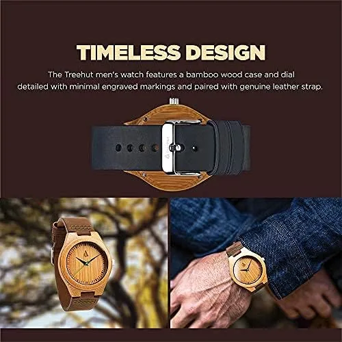 Vista 2 de Treehut - Reloj de pulsera analógico para hombres, de madera con correa de piel auténtica, estilo elegante.