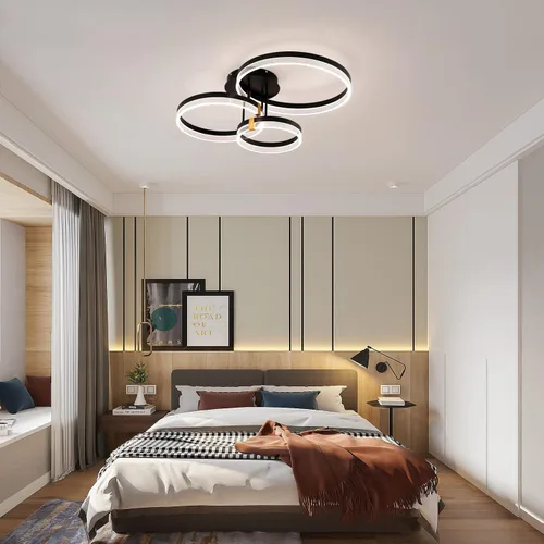 Vista 3 de Lámpara de techo moderna, 3 anillos LED negros cerca del techo, lámpara de techo acrílica regulable de 56 W, lámpara de techo para sala de estar