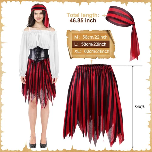 Vista 4 de Newcotte 4 piezas de Halloween para mujer, disfraz de pirata, cosplay, renacentista, blusa con corsé, cinturón de cintura, falda pirata, rayas