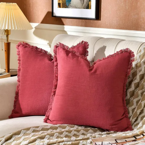 Vista 21 de Paquete de 2 fundas de almohada de lino con borlas con flecos decorativas rústicas naturales para cojín de sofá, sofá, dormitorio 16 x 16 pulgadas