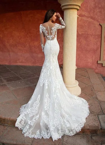 Vista 3 de Modest Mermaid Wedding Dresses 2024 Long Sleeve Lace Bridal Gowns with Long Train with Train