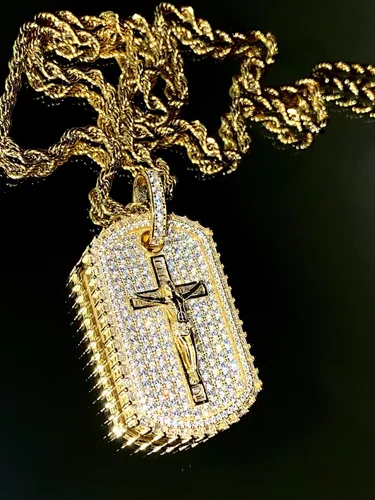 Vista 2 de Baguette - Colgante de cadena de acero inoxidable para hombre, mujer, 925 con acabado en oro italiano, colgante de plata helada, colgante de cuerda