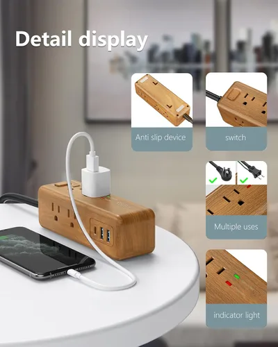 Vista 6 de Regleta de alimentación con 8 tomacorrientes con 2 puertos USB-A+1USB-C, estación de carga, cable de extensión larga, enchufe plano en ángulo recto