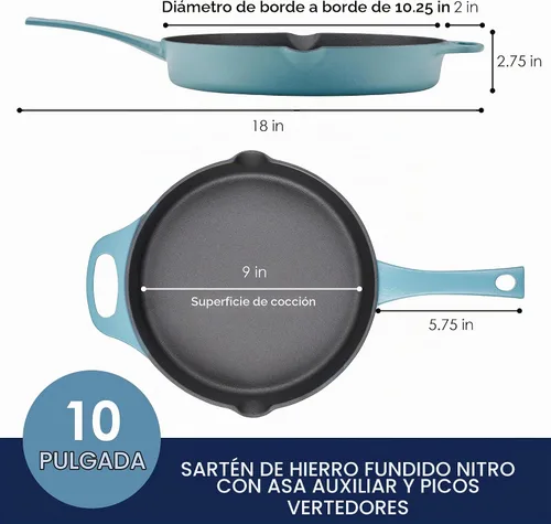Vista 2 de Rachael Ray NITRO - Sartén de hierro fundido con mango auxiliar y boquillas de vertido, 12 pulgadas, color azul agave