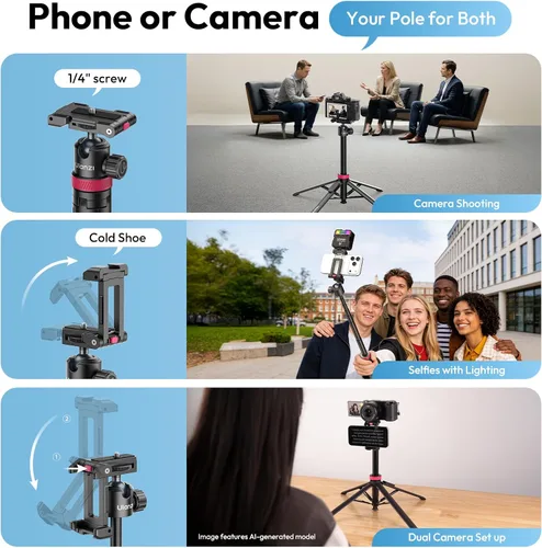 Vista 7 de ULANZI 0.01s Auto Pop - Trípode abierto para teléfono con control remoto, MT44B 59 pulgadas Selfie Stick trípode con doble montaje para teléfono