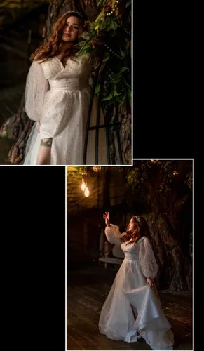 Vista 5 de Vestido de fiesta largo de tul estrellado brillante con mangas abullonadas y cuello en V con abertura, vestido de fiesta formal con bolsillos