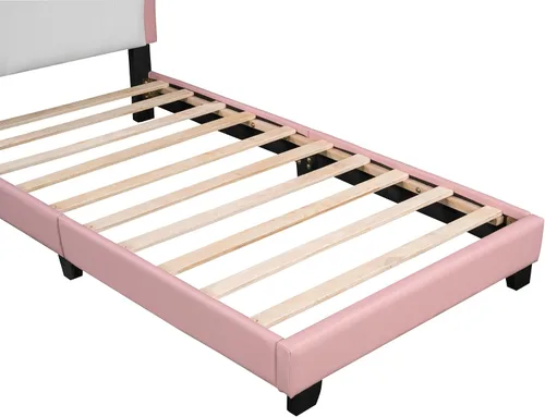 Vista 7 de Bonita cama de princesa tapizada de tamaño individual con cabecera corona, plataforma de piel sintética rosa para niños y niñas, no requiere somier