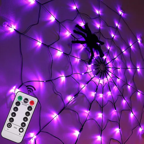 Vista 9 de LCHUANG Decoraciones de Halloween con luces de telaraña – 2 piezas de telaraña iluminadas, 4 pies de diámetro, 70 LED con araña negra, impermeable