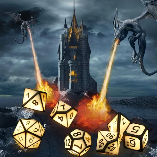 Vista 4 de HTPOW Juego de dados LED DND, 7 dados poliédricos USB recargables para RPG Blanco cálido