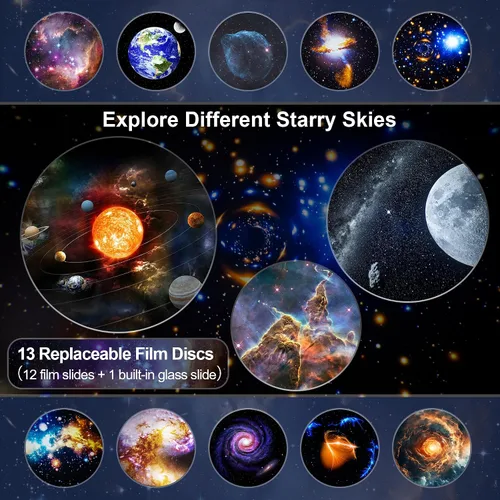 Vista 9 de Proyector Galaxy Pro para dormitorio, proyector de estrellas planetario 13 en 1 con sistema solar y constelación, luz nocturna para techo, rotación