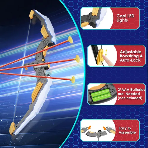 Vista 5 de Juego de arco y flecha para niños con luz LED, juego de tiro con arco con 10 flechas de ventosa, 2 objetivos de tiro con arco para interiores y Negro