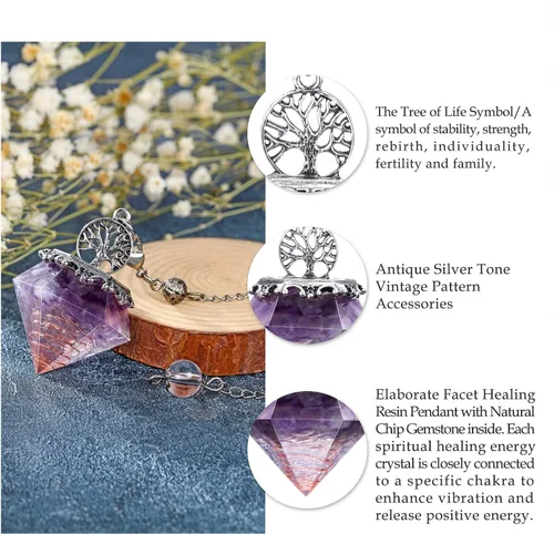 Vista 4 de Péndulo de cristal de 7 chakras para radiestesia, árbol de la vida de Reiki, 6 péndulos puntiagudos facetados Scrying Dowser para adivinación