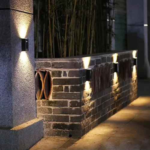 Vista 5 de MSUIINT Luces solares para valla, 4 lámparas de pared y cubierta al aire libre, 4 luces LED arriba-abajo, impermeables para casa, cubierta, escalón
